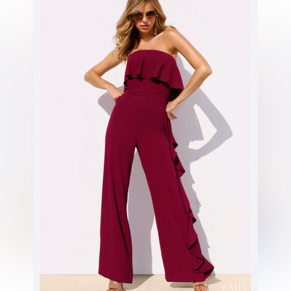BOSTON PROPER Red Burgundy Strapless Ruffled Jumpsuit 6 NWOT